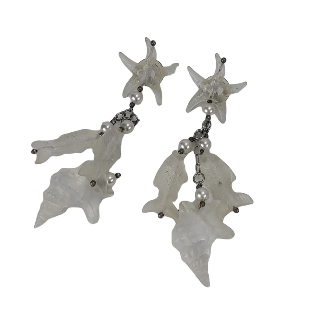 Vintage Mermaidcore Nautical Dangle Earrings Frosted Acrylic Shells Fish
